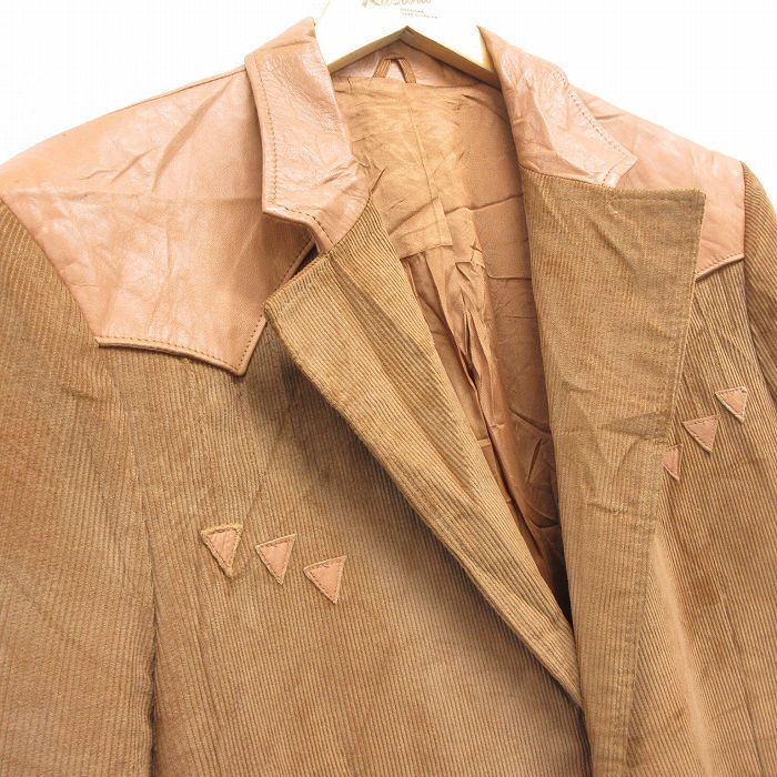 L/古着 パイオニア 長袖 コーデュロイ テーラード ジャケット メンズ 80s レザー使用 茶 ブラウン 25oct16 中古 アウター_画像2