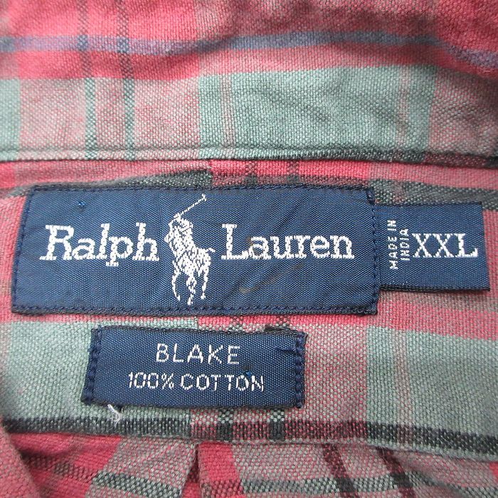 XL/古着 ラルフローレン 長袖 ブランド シャツ メンズ 90s ワンポイントロゴ BLAKE 大きいサイズ ロング丈 コットン ボタンダウン 緑系他_画像5