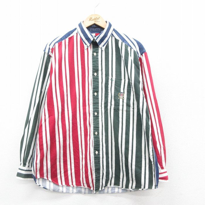 XL/古着 トミーヒルフィガー 長袖 ブランド シャツ メンズ 90s ワンポイントロゴ コットン ボタンダウン 白他 ホワイト チェック 25oct15_画像1