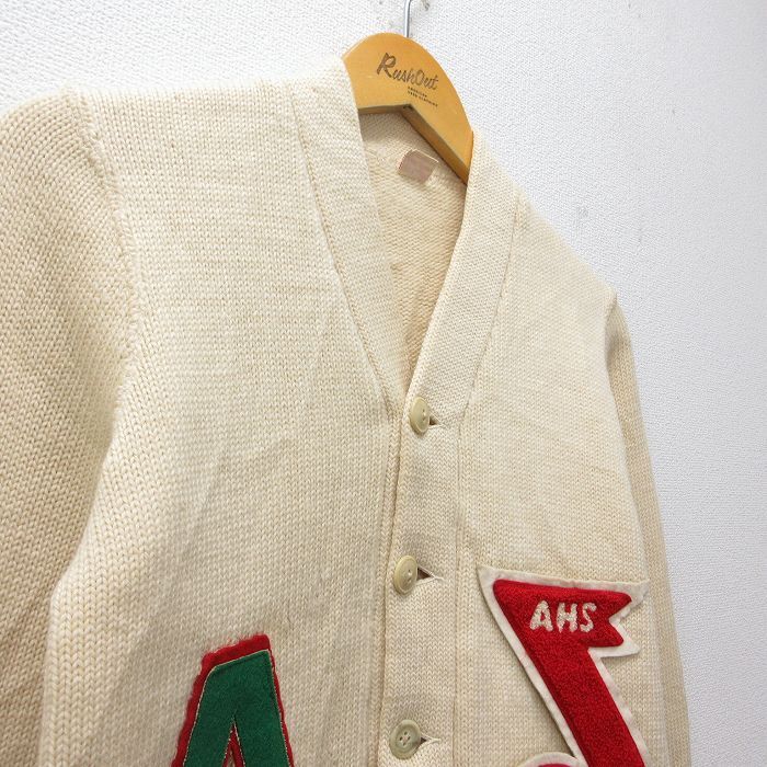 S/古着 長袖 ビンテージ レタード ニット カーディガン メンズ 50s AGA ベージュ系 カーキ spe 25oct14 中古 トップス_画像2