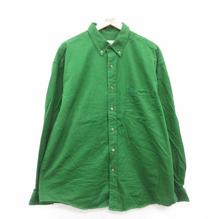 XL/古着 エディーバウアー 長袖 ブランド シャツ メンズ 00s ワンポイントロゴ 大きいサイズ ロング丈 コットン ボタンダウン 緑 グリーン_画像1