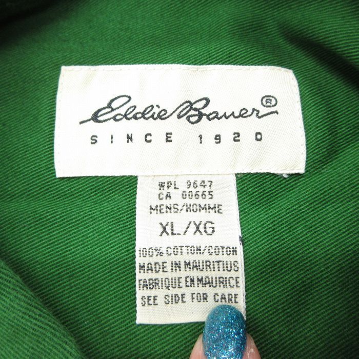 XL/古着 エディーバウアー 長袖 ブランド シャツ メンズ 00s ワンポイントロゴ 大きいサイズ ロング丈 コットン ボタンダウン 緑 グリーン_画像4