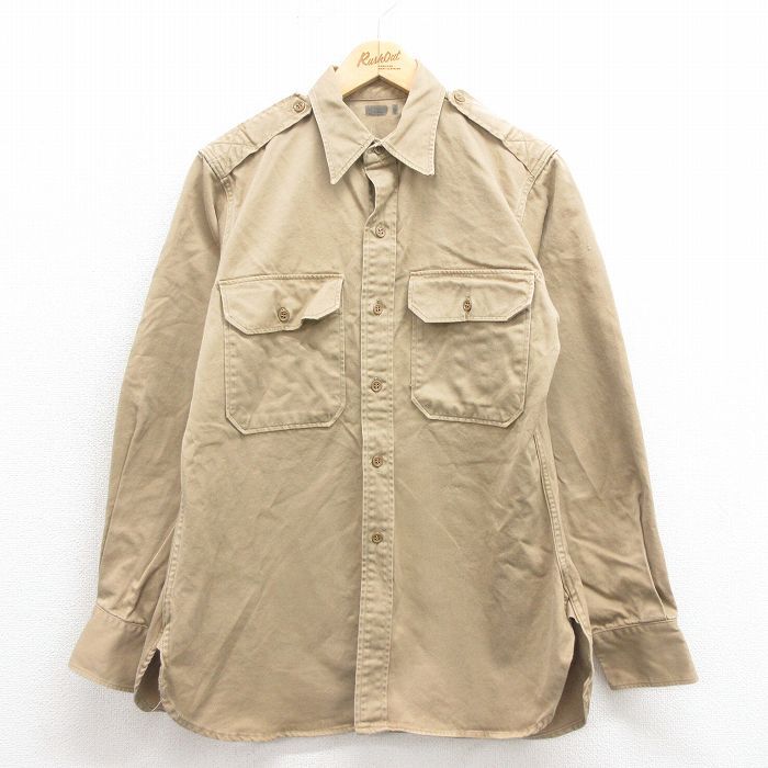 M/古着 長袖 ビンテージ ミリタリー シャツ メンズ 50s マチ付き ベージュ カーキ 25oct22 中古 トップス_画像1