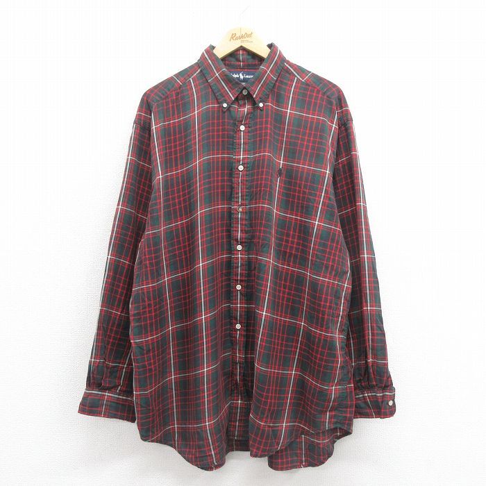 XL/古着 ラルフローレン 長袖 ブランド シャツ メンズ 90s BLAIRE ワンポイントロゴ 大きいサイズ ロング丈 コットン ボタンダウン 緑 グリ_画像1
