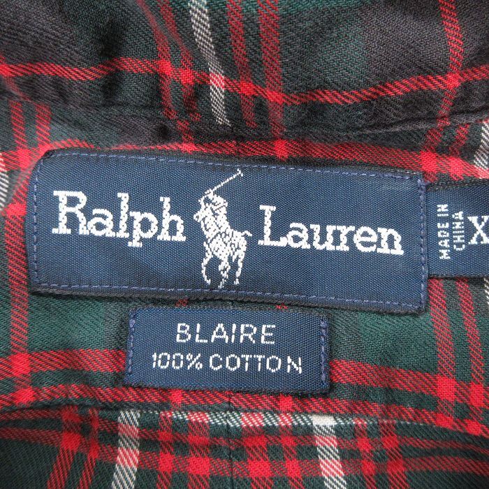 XL/古着 ラルフローレン 長袖 ブランド シャツ メンズ 90s BLAIRE ワンポイントロゴ 大きいサイズ ロング丈 コットン ボタンダウン 緑 グリ_画像5