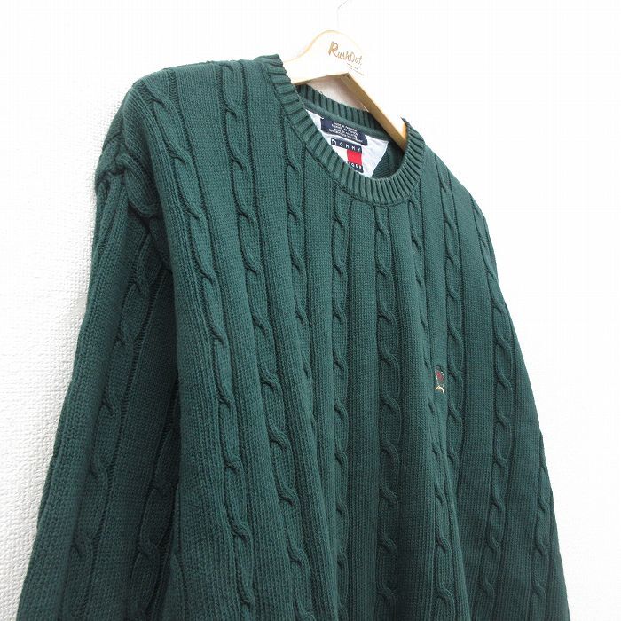 XL/古着 トミーヒルフィガー 長袖 ブランド ケーブル セーター メンズ 90s ワンポイントロゴ コットン クルーネック 緑 グリーン spe 25oct_画像2