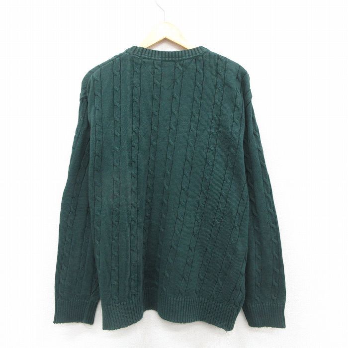 XL/古着 トミーヒルフィガー 長袖 ブランド ケーブル セーター メンズ 90s ワンポイントロゴ コットン クルーネック 緑 グリーン spe 25oct_画像3