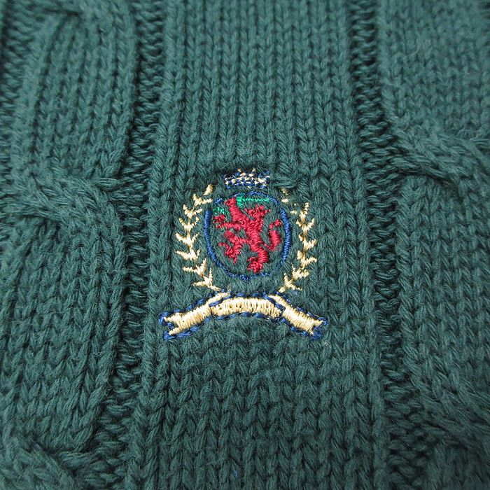 XL/古着 トミーヒルフィガー 長袖 ブランド ケーブル セーター メンズ 90s ワンポイントロゴ コットン クルーネック 緑 グリーン spe 25oct_画像4