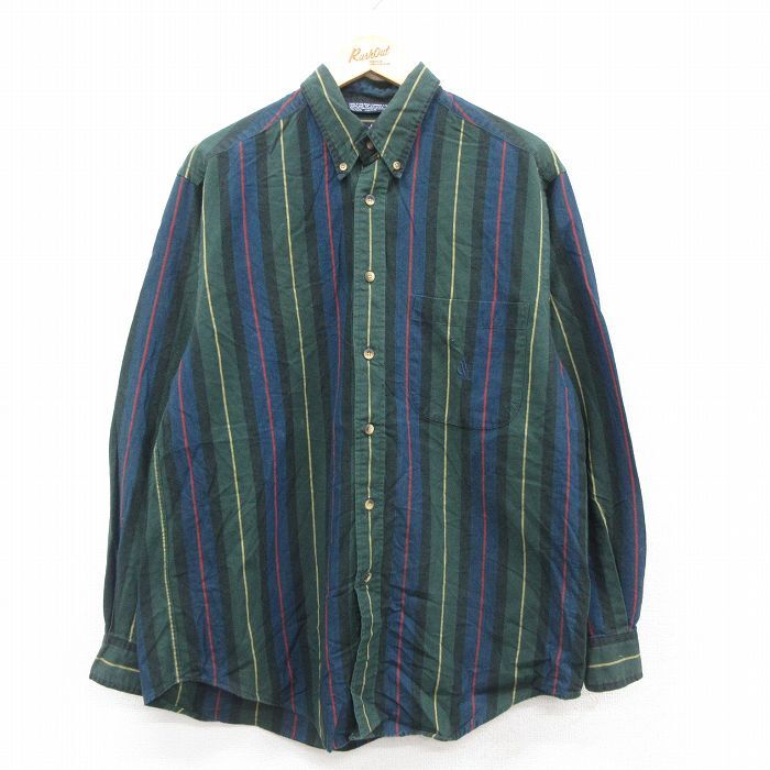 L/古着 ノーティカ 長袖 ブランド シャツ メンズ 90s ワンポイントロゴ コットン ボタンダウン 緑他 グリーン ストライプ 25oct22 中古 ト_画像1