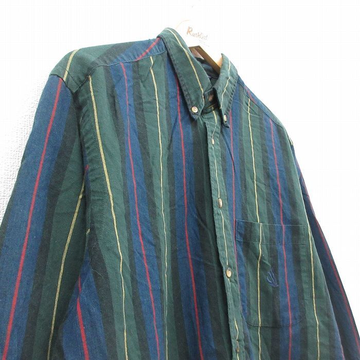 L/古着 ノーティカ 長袖 ブランド シャツ メンズ 90s ワンポイントロゴ コットン ボタンダウン 緑他 グリーン ストライプ 25oct22 中古 ト_画像2