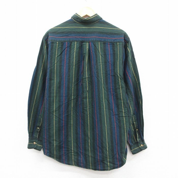 L/古着 ノーティカ 長袖 ブランド シャツ メンズ 90s ワンポイントロゴ コットン ボタンダウン 緑他 グリーン ストライプ 25oct22 中古 ト_画像3