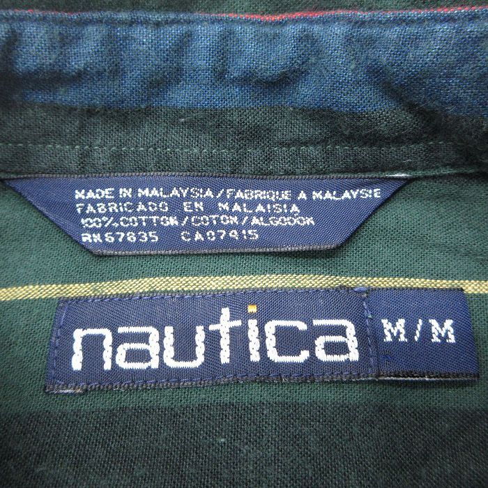 L/古着 ノーティカ 長袖 ブランド シャツ メンズ 90s ワンポイントロゴ コットン ボタンダウン 緑他 グリーン ストライプ 25oct22 中古 ト_画像5