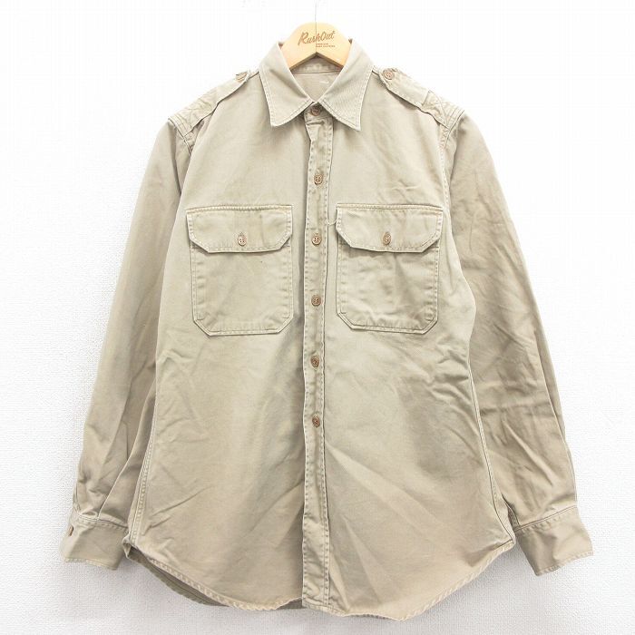 M/古着 長袖 ビンテージ ミリタリー シャツ メンズ 50s コットン ベージュ カーキ 25oct22 中古 トップス_画像1