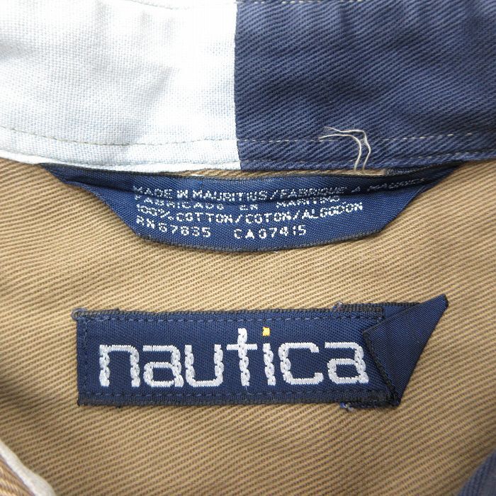 XL/古着 ノーティカ 長袖 ブランド シャツ メンズ 90s ワンポイントロゴ 大きいサイズ ロング丈 コットン ボタンダウン 濃ベージュ カーキ_画像4