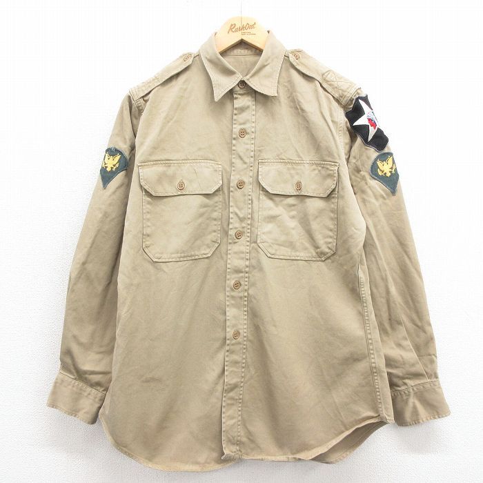 M/古着 長袖 ビンテージ ミリタリー シャツ メンズ 50s コットン ベージュ カーキ 25oct22 中古 トップス_画像1