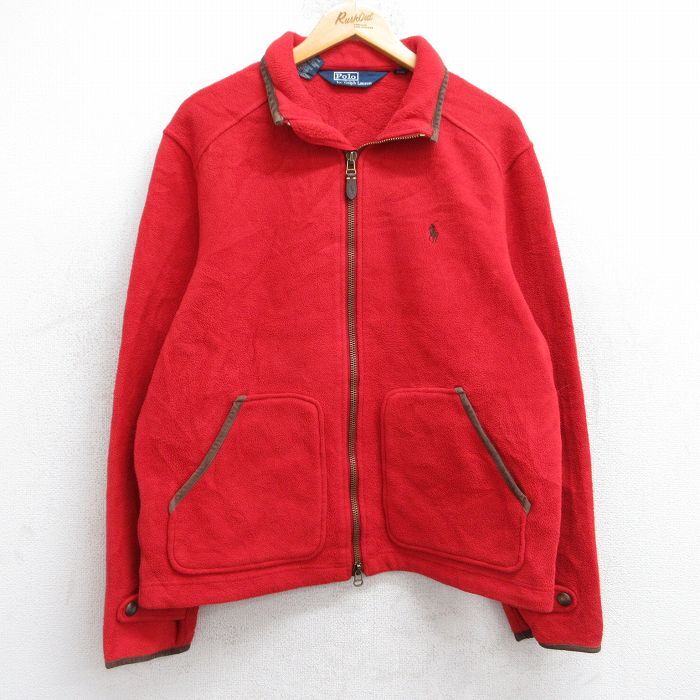 M/古着 ラルフローレン 長袖 ブランド フリース ジャケット メンズ 90s ワンポイントロゴ レザー使用 赤 レッド 25oct21 中古 アウター_画像1
