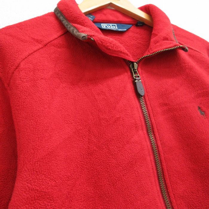 M/古着 ラルフローレン 長袖 ブランド フリース ジャケット メンズ 90s ワンポイントロゴ レザー使用 赤 レッド 25oct21 中古 アウター_画像2