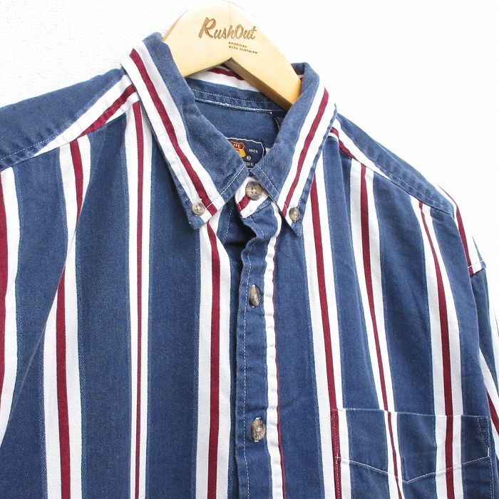 XL/古着 ルート66 長袖 シャツ メンズ 00s 大きいサイズ コットン ボタンダウン 紺他 ネイビー ストライプ 25oct24 中古 トップス_画像2