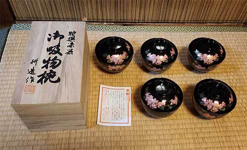 お椀　漆　御吸物椀　特選漆器　耕造作　5客　大樹　会津ぬり　蓋付　漆塗り　漆器　汁椀　吸物椀　和食器　木製箱付　未使用　昭和　貴重_画像1