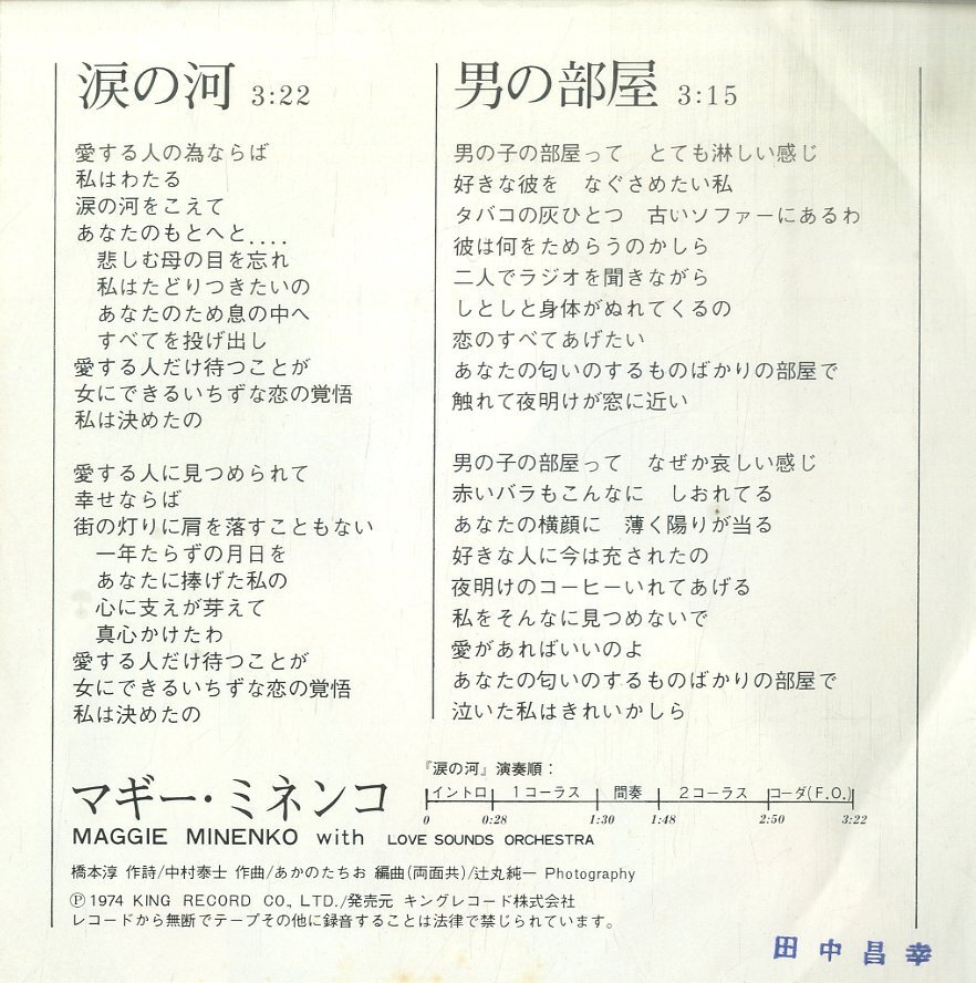 C00153836/EP/マギー・ミネンコ「涙の河 / 男の部屋 (1974年・BS-1850・あかのたちお編曲)」_画像2