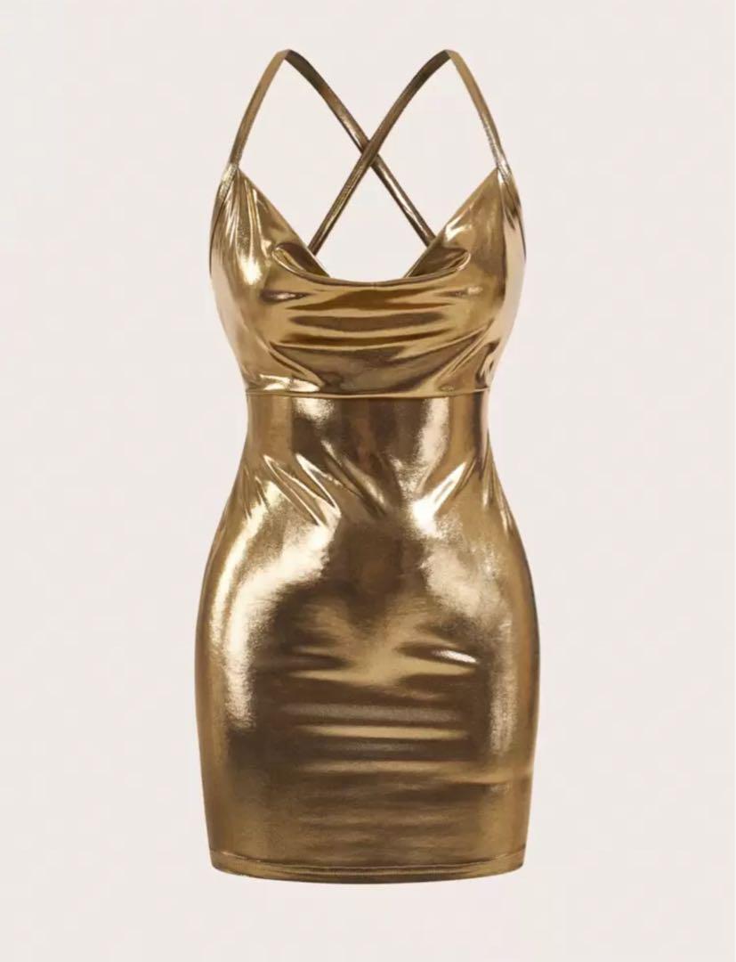 ♪◇SHEIN　ゴールド・メタリックの光沢のあるとてもセクシー・ドレス・サイズ大き目・新品_画像8