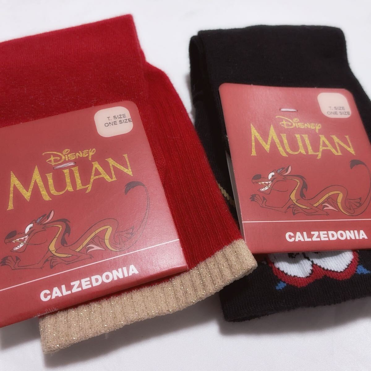 ディズニームーラン×CALZEDONIAカルツェドニア コラボ レディース靴下2枚セット ワンサイズ Disney MULAN ムーシュードラゴン龍柄ソックス_画像2