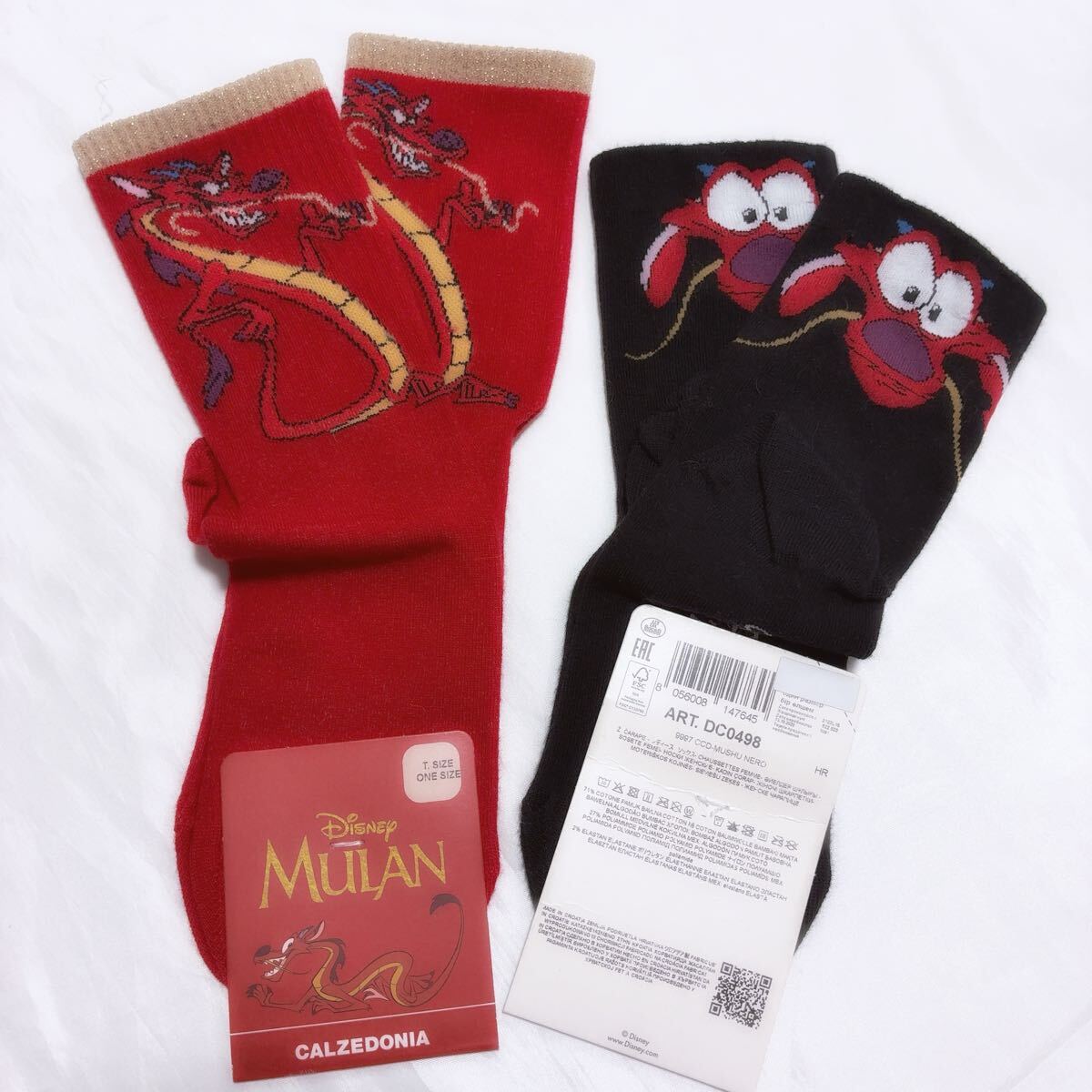 ディズニームーラン×CALZEDONIAカルツェドニア コラボ レディース靴下2枚セット ワンサイズ Disney MULAN ムーシュードラゴン龍柄ソックス_画像4