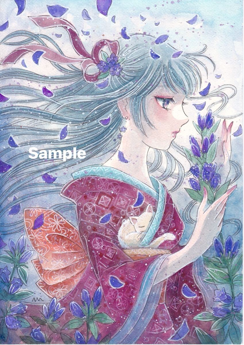 水彩画 竜胆を摘んで　手描きイラスト A4 オリジナル　創作_画像2