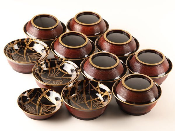 【琴》送料無料 時代 千筋見返し本金蒔絵 菓子椀十客 箱付 DJ466_画像1