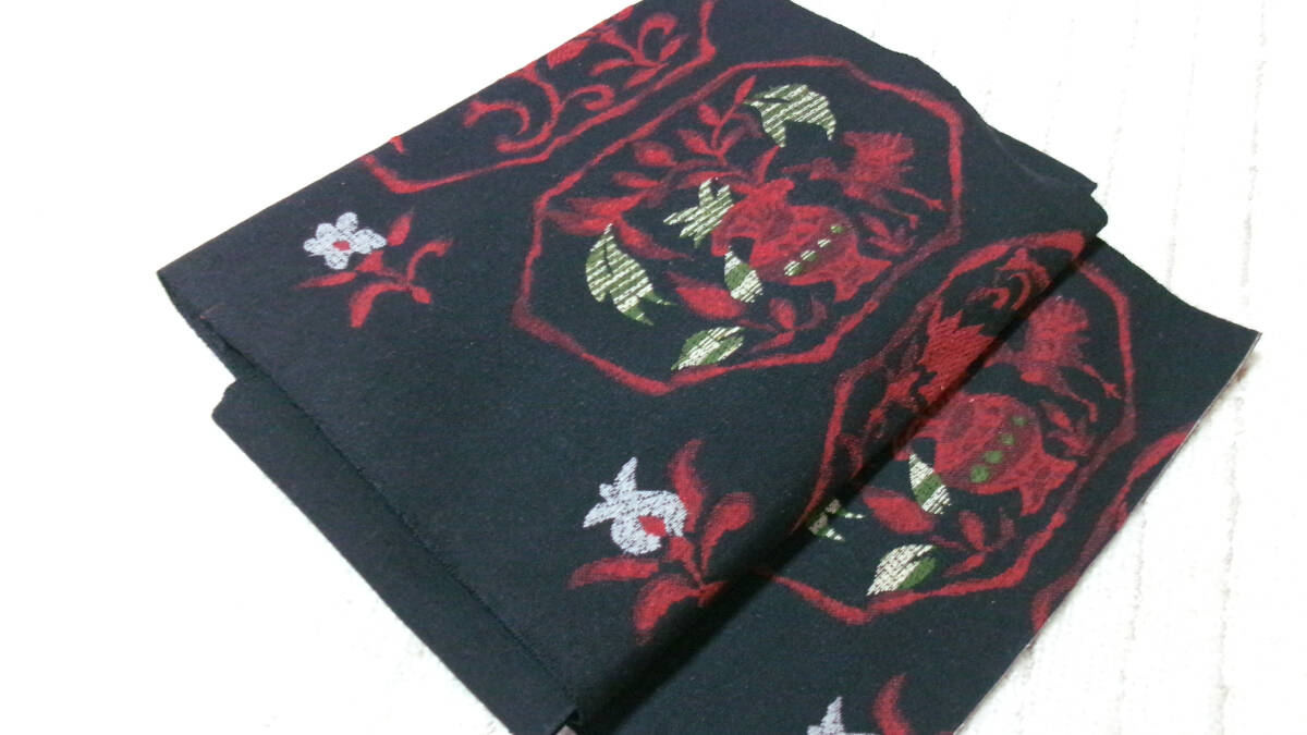 134【重宝】美品※時間短縮※便利品※黒色系更紗模様※正絹※紬※なごや帯※作り帯：＊_画像1
