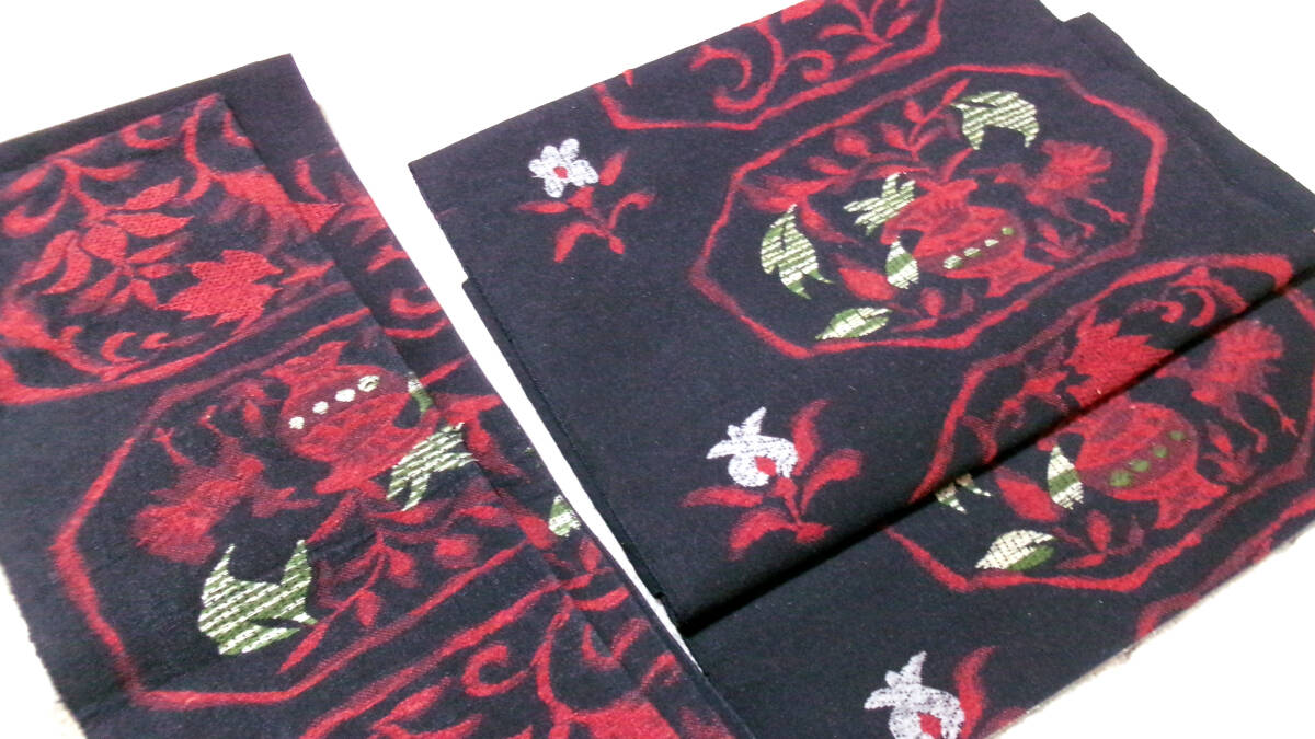 134【重宝】美品※時間短縮※便利品※黒色系更紗模様※正絹※紬※なごや帯※作り帯：＊_画像2