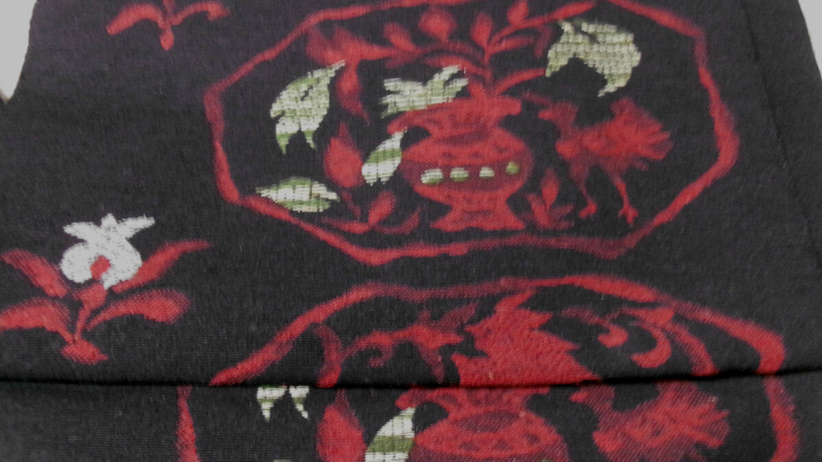 134【重宝】美品※時間短縮※便利品※黒色系更紗模様※正絹※紬※なごや帯※作り帯：＊_画像3