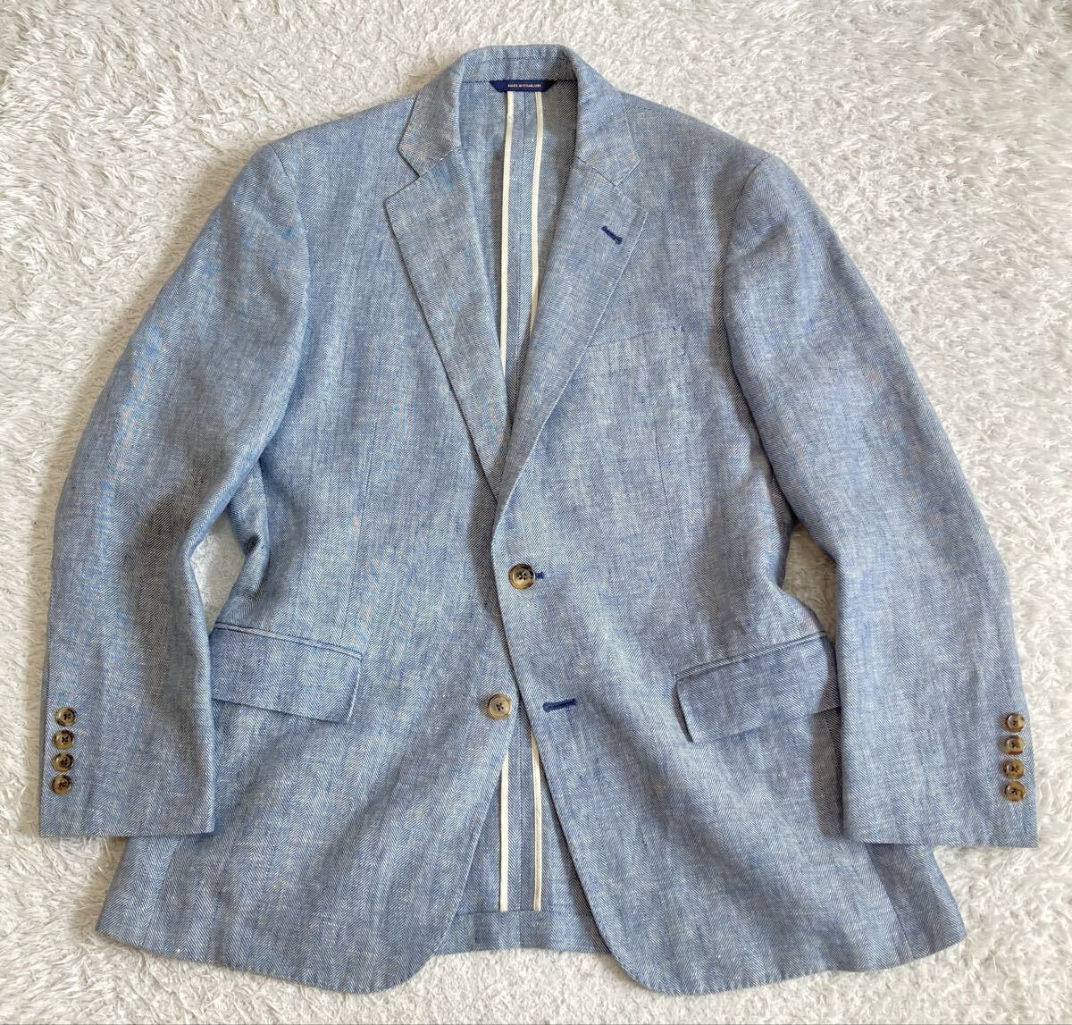 ブルックスブラザーズ 1818「BAIRD McNUTT」アイリッシュリネン 100% ヘリンボーン 2B ジャケット M~L位 39S ブルー 麻 Regent 春夏_画像1