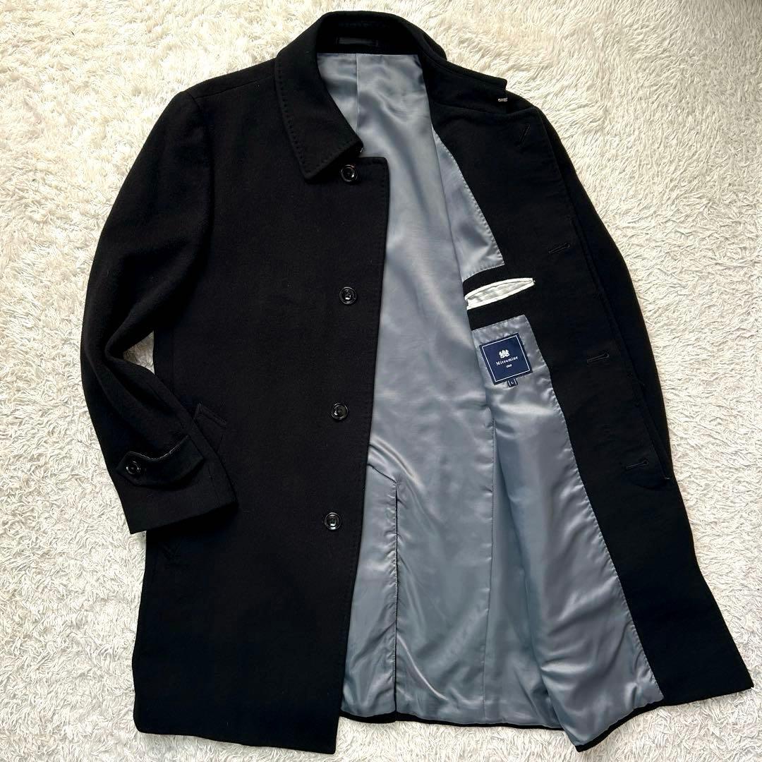 ★高級 カシミヤ100％ Lサイズ★ ミツミネ ステンカラー コート MITSUMINE 比翼 シングル 黒 ブラック メンズ 通勤 ビジネス