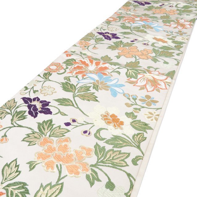 特選 袋帯 中古 リサイクル 正絹 フォーマル 仕立て上がり 六通 能裳唐花文様 箔糸 オフホワイト 多色 金 きもの北條 A1278-16_画像4