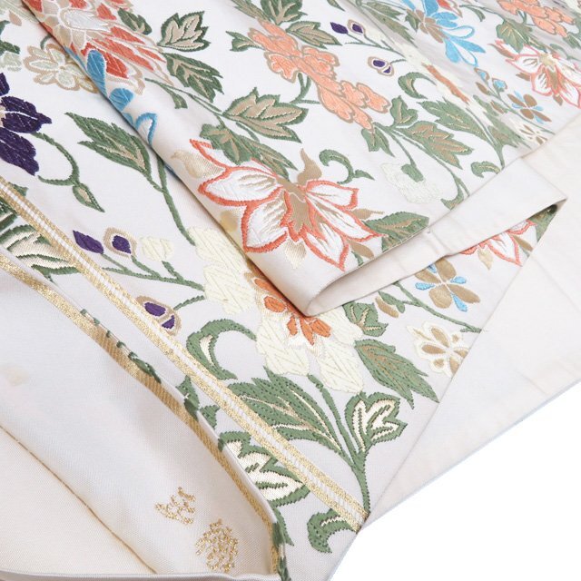 特選 袋帯 中古 リサイクル 正絹 フォーマル 仕立て上がり 六通 能裳唐花文様 箔糸 オフホワイト 多色 金 きもの北條 A1278-16_画像8