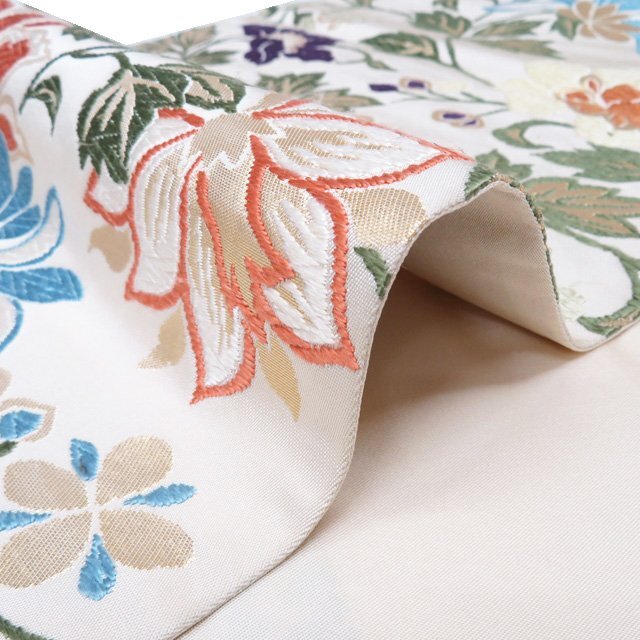 特選 袋帯 中古 リサイクル 正絹 フォーマル 仕立て上がり 六通 能裳唐花文様 箔糸 オフホワイト 多色 金 きもの北條 A1278-16_画像10