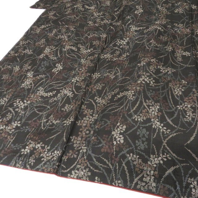 大島紬 着物 中古 正絹 袷 カジュアル 花模様 黒茶色 多色 身丈160cm 裄66cm M きもの北條 A1282-6_画像6