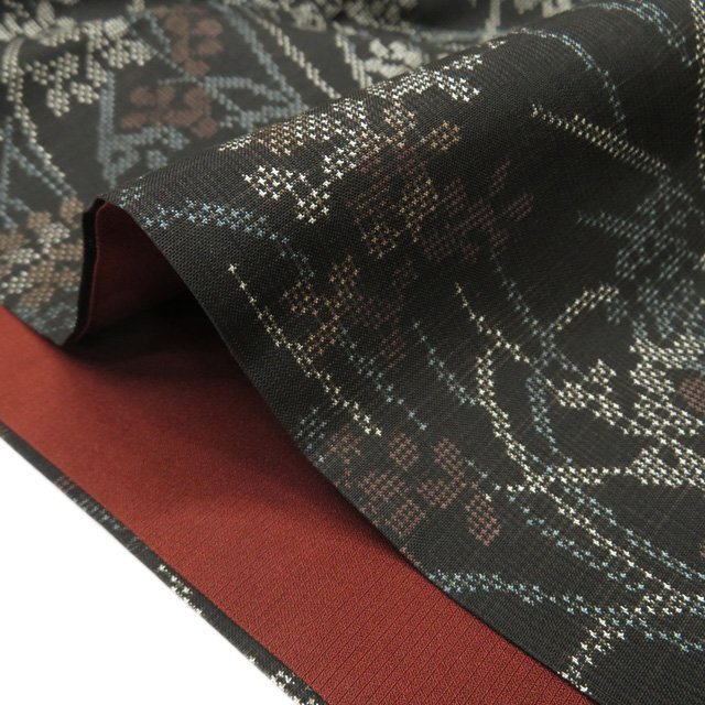 大島紬 着物 中古 正絹 袷 カジュアル 花模様 黒茶色 多色 身丈160cm 裄66cm M きもの北條 A1282-6_画像9