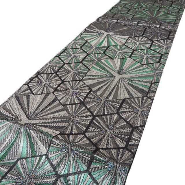 袋帯 未使用 正絹 セミフォーマル 仕立て上がり 六通 金華山織 幾何学模様 箔糸 黒色 緑系色 銀 きもの北條 A1286-16_画像2