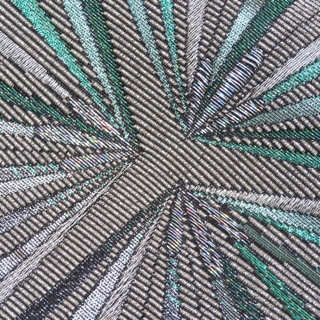 袋帯 未使用 正絹 セミフォーマル 仕立て上がり 六通 金華山織 幾何学模様 箔糸 黒色 緑系色 銀 きもの北條 A1286-16_画像3