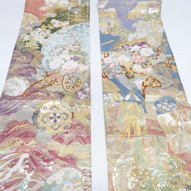★きもの北條★ 不老不死月兎伝説　兎文　波文　花車　箔糸　仕立て上がり　中古　正絹　袋帯　T807-8_画像1
