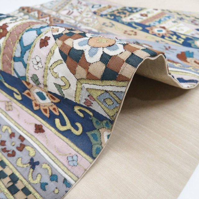 ★きもの北條★ 明綴れ　花鳥の図　箔糸　お太鼓柄　仕立て上がり　中古　正絹　袋帯　T807-13_画像5