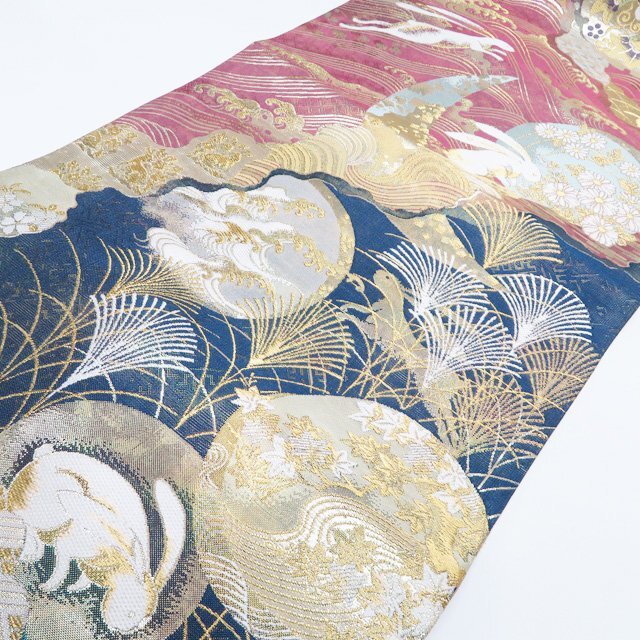 ★きもの北條★ 不老不死月兎伝説　兎文　波文　花車　箔糸　仕立て上がり　中古　正絹　袋帯　T807-8_画像6