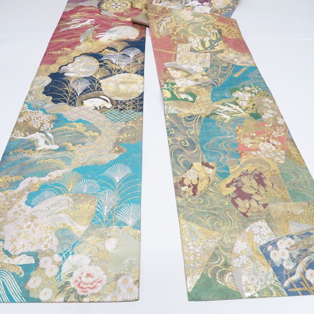 ★きもの北條★ 不老不死月兎伝説　兎文　波文　花車　箔糸　仕立て上がり　中古　正絹　袋帯　T807-8_画像8