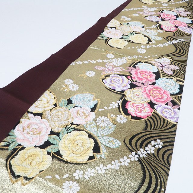 ★きもの北條★ 振袖用　花模様　薔薇　流水　箔糸　六通　仕立て上がり　中古　正絹　袋帯　T807-3_画像1