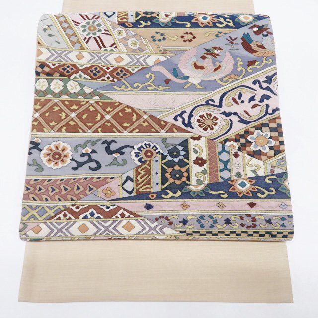 ★きもの北條★ 明綴れ　花鳥の図　箔糸　お太鼓柄　仕立て上がり　中古　正絹　袋帯　T807-13_画像1