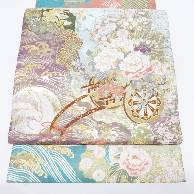 ★きもの北條★ 不老不死月兎伝説　兎文　波文　花車　箔糸　仕立て上がり　中古　正絹　袋帯　T807-8_画像2