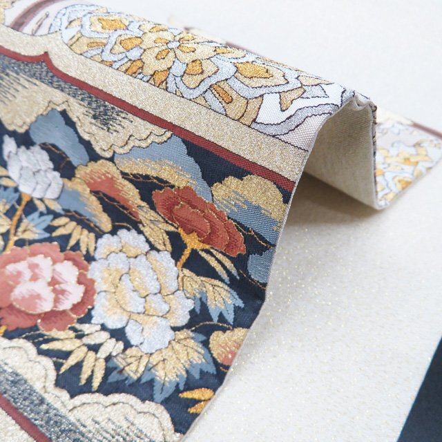 ★きもの北條★ 明綴れ　花鳥の図　箔糸　金通し　お太鼓柄　仕立て上がり　中古　正絹　袋帯　T807-16_画像5