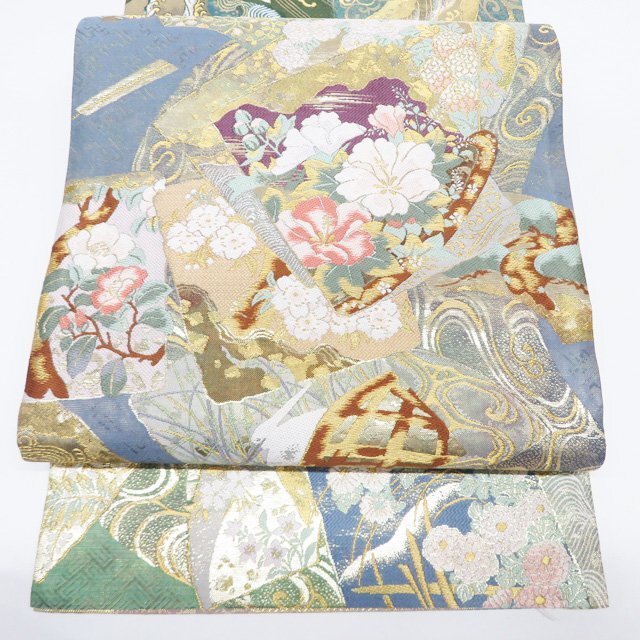 ★きもの北條★ 不老不死月兎伝説　兎文　波文　花車　箔糸　仕立て上がり　中古　正絹　袋帯　T807-8_画像3